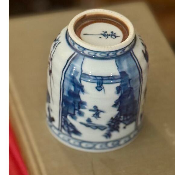 Vintage Blue and White Porcelain Tea Cup with Hand-Painted Floral and Landscape - Picture 2 of 4